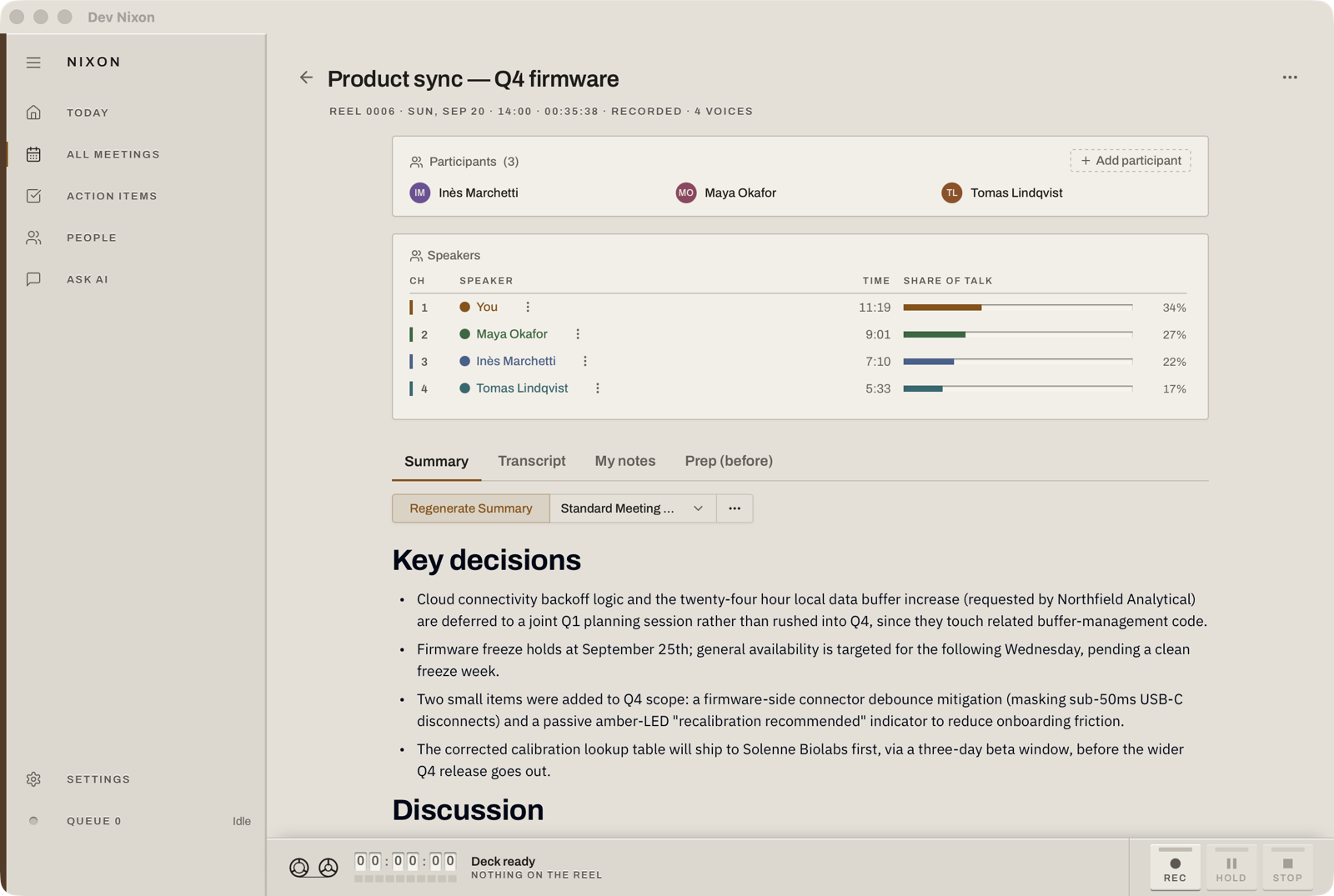 A meeting summary in Nixon, with a speaker channel strip showing share of talk above it.