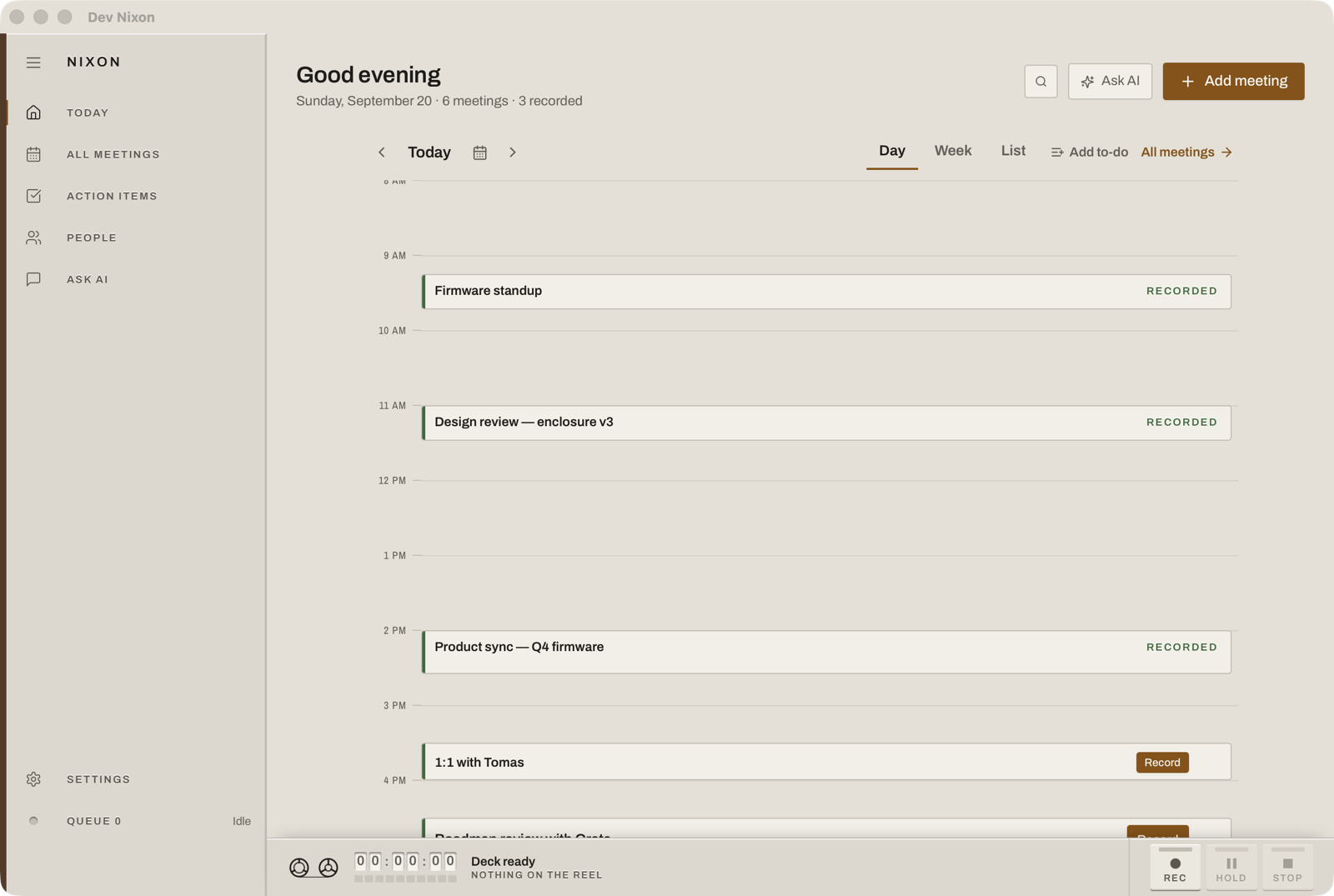 Nixon's Today screen: a day timeline of meetings, some marked recorded, with the transport rail docked along the bottom.